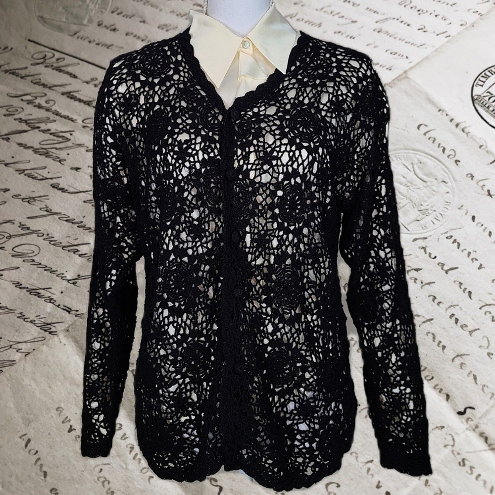 Black antique handmade spiderweb crochet cardigan.